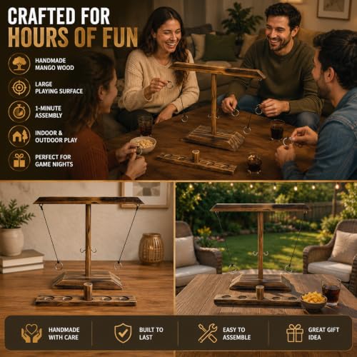 16x13 Inch Wooden Ring Toss Game, Hook & Ring Tabletop | Mango Wood, Large Size, 2 Players, Indoor & Outdoor Game, Party Game