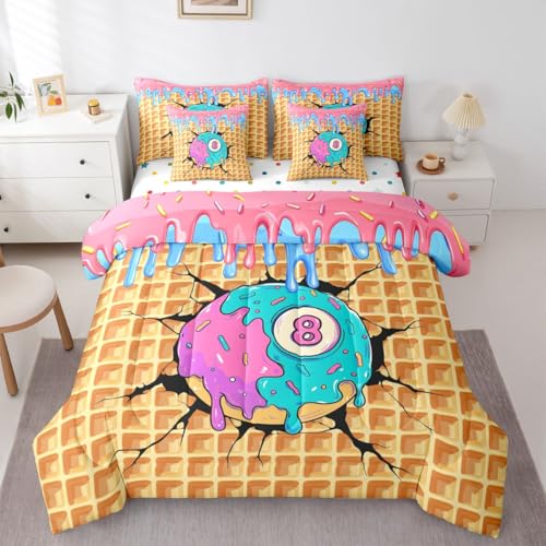 Erosebridal Billiard Full Bed in A Bag 7 Piece Lucky 8 Ball Ice Cream Drip Comforter Set with Sheets Y2K Watercolor Ball Themed Room Decor Bedding Sets,Candy Plaid Bed Set - color: Black Pink Blue, size: Full