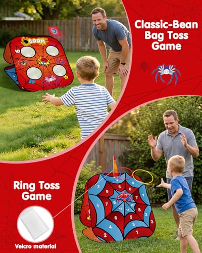 5-in-1 Bean Bag Toss Game for Kids Ages 3-8, Outdoor Cornhole Set with 3 Interchangeable Boards (Toss/Dart/Tic-Tac-Toe), Includes 8 Beanbags 6 Balls/Darts/Rings, Backyard Toys for Boys - style: Spider