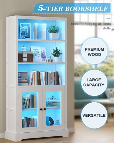 TVU 5-Tier Bookshelf, 65" Bookshelf with Multi-Color Ambient Lights (APP Remote Control), Tall Vertical Display Shelf with Cabinet Doors, Suitable for Living Room, Bedroom, Study, Office, White - color: White