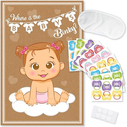 Party Hearty Pin the Pacifier on the Baby, Baby Shower Game - Kraft Girl | 1 Large Poster, 56 Colorful Binky Stickers, 1 Blindfold & Double-Sided Tape - color: Girl Kraft - Pin the Binky