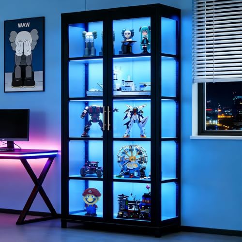 Display Cabinet with Glass Doors, 5-Tier Curio Cabinet with 4 Adjustable Shelves for Collectibles Toy Organizers Rack & Display Case, Kids Bookcase for Reading Corner，Playroom, Living Room,Bedroom - color: Black