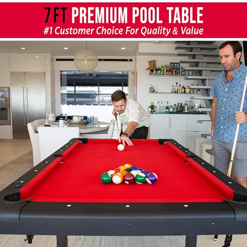GoSports 6, 7, or 8 ft Billiards Tables - No Assembly, Choose Your Color - Portable Pool Table Includes Full Set of Balls, 2 Cue Sticks, Chalk and Felt Brush - style: 7ft Red
