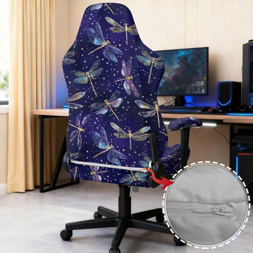 Dragonfly Print Gaming Chair Cover with Armrest Covers Scratch Proof Anti-Dust Game Chair Covers Slipcover Universal Fit for Desk/Swivel/Rotating Chairs Protector - color: Purple - Dragonfly