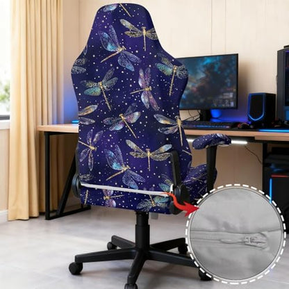 Dragonfly Print Gaming Chair Cover with Armrest Covers Scratch Proof Anti-Dust Game Chair Covers Slipcover Universal Fit for Desk/Swivel/Rotating Chairs Protector - color: Purple - Dragonfly