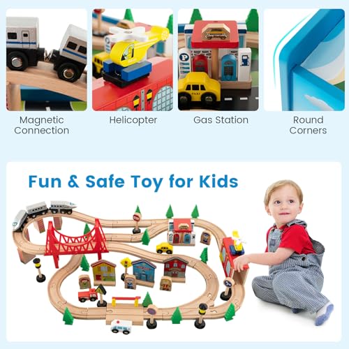 Costzon Train Table, 80 Pcs, Wooden Kids Activity Table Playset with Reversible & Detachable Tabletop, Solid Wood Tracks, Train, Railway, City, DIY Design, Gift for Boys & Girls, Multi-Color - size: 32.5" x 23.5" x 16" (L x W x H)