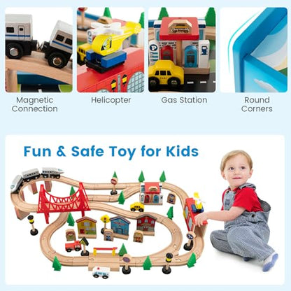 Costzon Train Table, 80 Pcs, Wooden Kids Activity Table Playset with Reversible & Detachable Tabletop, Solid Wood Tracks, Train, Railway, City, DIY Design, Gift for Boys & Girls, Multi-Color - size: 32.5" x 23.5" x 16" (L x W x H)