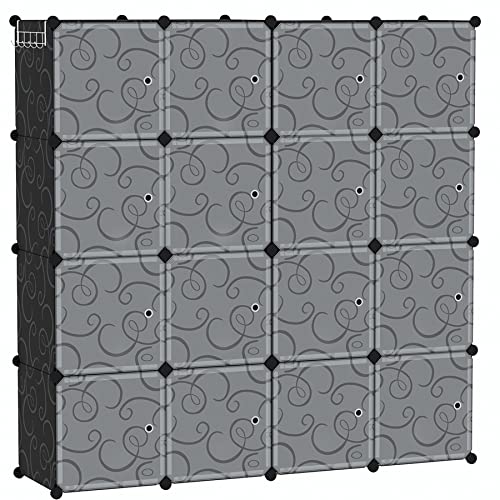 C&AHOME Cube Storage Organizer, 16-Cube Storage Shelving with Doors, Modular Book Shelf, Plastic Shelves Organizing Units, Ideal for Bedroom Living Room 48.4" L × 12.4" W × 48.4" H Black SHS3016B-DOOR - size: 16 Cube