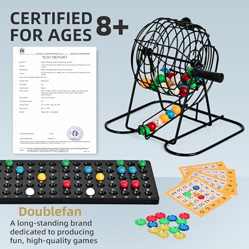 Doublefan Bingo Deluxe Game Set for Adults and Kids - Includes 8 Inch Wheel Cage, 75 Balls, Master Board, 50 Cards and Colorful Chips - Fun Family Game Night