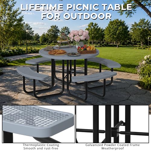 All-Weather Round Outdoor Picnic Table, Commercial Picnic Table Bench Set with Umbrella Hole, Thermoplastic Coated Metal Dining Tables for School, Stores, Park, Patio, Yard, Grey - color: Grey