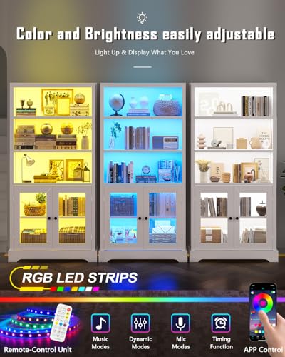 TVU 5-Tier Bookshelf, 65" Bookshelf with Multi-Color Ambient Lights (APP Remote Control), Tall Vertical Display Shelf with Cabinet Doors, Suitable for Living Room, Bedroom, Study, Office, White - color: White