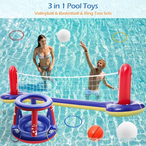 Jasonwell Pool Toys Games Set - 3 in 1 Pool Volleyball Net Basketball Hoop Ring Toss Game Inflatable Floats Water Floating Volleyball Swimming Pools Games Party Gift for Kids Adults (Red&Blue, L) - color: Red&blue, size: Large