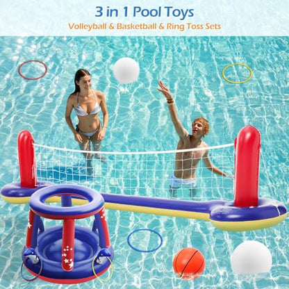 Jasonwell Pool Toys Games Set - 3 in 1 Pool Volleyball Net Basketball Hoop Ring Toss Game Inflatable Floats Water Floating Volleyball Swimming Pools Games Party Gift for Kids Adults (Red&Blue, L) - color: Red&blue, size: Large