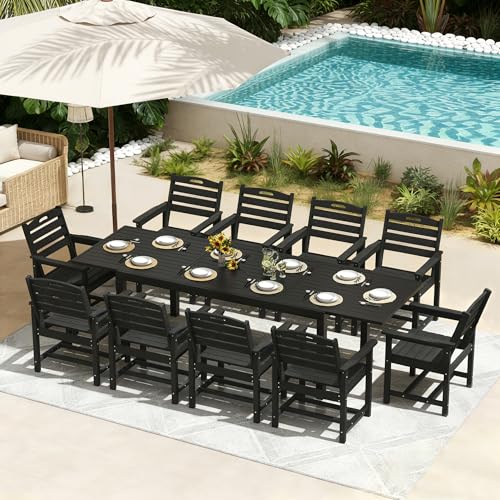PIZZELLO 11 Pieces Outdoor Dining Set, 106" Extendable Aluminum Patio Dining Table w/ 10Pcs HDPE Patio Chairs, All Weather Outdoor Table and Chairs Sets for Backyard, Garden and Deck - size: 106"Table + 10 HDPE Chairs