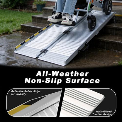 BEJONI 5FT Folding Wheelchair Ramp, 29" Wide, Portable with Handle, Sliver | Aluminum Folding Handicap Ramp, 600 Lbs Capacity Non-Skid Wheelchairs for Home Steps, Thresholds, Doorways, Front Porch - size: 4-Fold 5FT x 29'' W