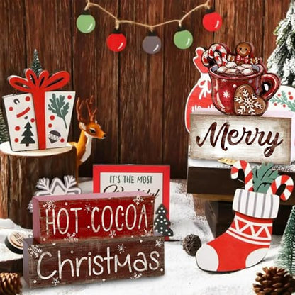 DIYDEC 4Pcs Christmas Wooden Tabletop Decoration Hot Cocoa Wooden Block Signs Gift Rustic Xmas Tiered Tray Decor Merry Christmas Centerpiece Sign Farmhouse Winter Table Home Party Decor - style: Hot Cocoa