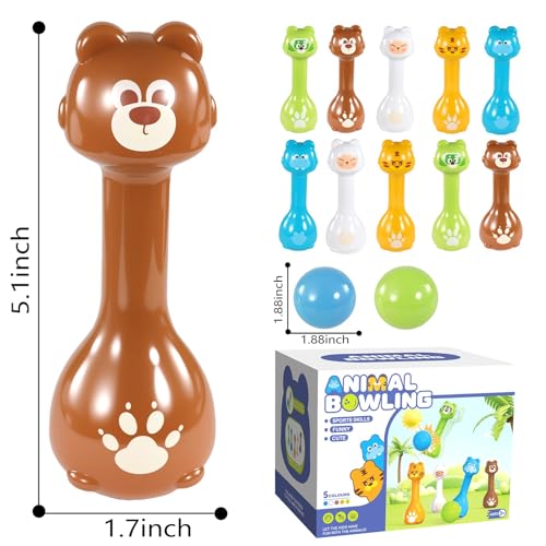 Mini Toddler Bowling Set Ages 1-5 with 10 Plastic Pins (5 Forest Animals) and 2 Balls, Lightweight Indoor Montessori-Inspired First Birthday Gift for Toddler Boys Girls