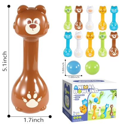 Mini Toddler Bowling Set Ages 1-5 with 10 Plastic Pins (5 Forest Animals) and 2 Balls, Lightweight Indoor Montessori-Inspired First Birthday Gift for Toddler Boys Girls