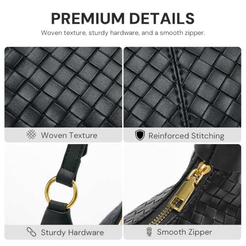 Shoulder Bags for Women Small Hobo Bags Crescent Shaped Cute Retro Tote Handbag Mini Clutch Purse with Zipper Closure - color: Black Woven
