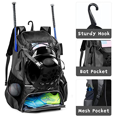 Baseball Backpack for Youth, Boys, Adults - Bat and Softball Equipment Bag With Glove Holder, Helmet, Shoes Compartment - T-Ball Accessories and Baseball Gifts - color: Black-42L