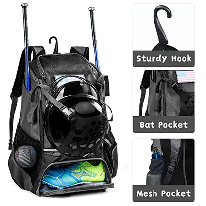 Baseball Backpack for Youth, Boys, Adults - Bat and Softball Equipment Bag With Glove Holder, Helmet, Shoes Compartment - T-Ball Accessories and Baseball Gifts - color: Black-42L