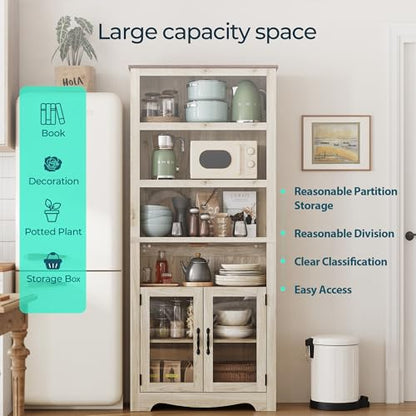 LINSY Bookshelf with Doors, 6 Shelf Bookcase Tall Bookshelves, 73" Farmhouse Book Shelf with Storage Cabinet, Wood Book Shelves for Living Room, Bedroom, Office, Rustic White - color: White