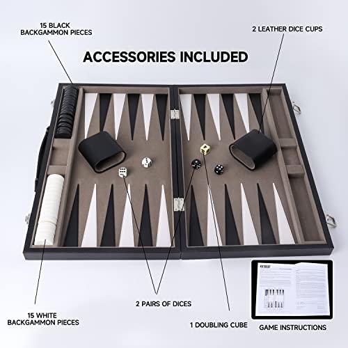GSE Premium Leather Backgammon Board Game Set, Black&Grey, Medium | Premium Leather, Travel Folding Board, Classic Game Set, Leather Case Included - color: Leather-black&grey, size: Medium