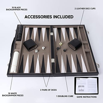 GSE Premium Leather Backgammon Board Game Set, Black&Grey, Medium | Premium Leather, Travel Folding Board, Classic Game Set, Leather Case Included - color: Leather-black&grey, size: Medium
