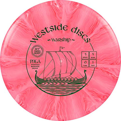 Westside Discs Origio Burst Warship Disc Golf Midrange | Stable Disc Golf Mid Range | Grippy, Base Plastic w/Color Burst | Mid Range Disc Golf Disc | Beginner Disc Golf Frisbee - color: Red