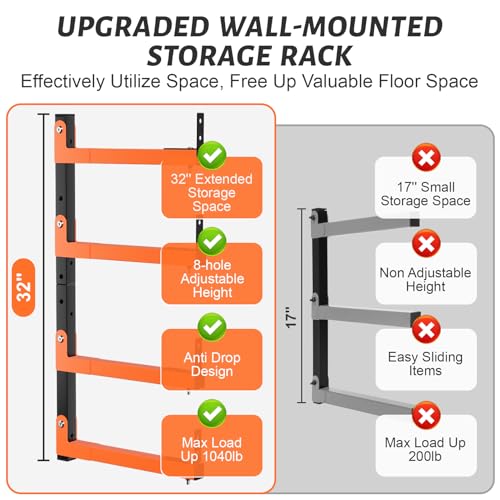 32" Lumber Storage Rack, Upgrade Folding Lumber Rack Wall Mount, Heavy Duty Adjustable Metal 8 Level Wood Storage Rack for Garage Storage Organization, 4 Packs - style: 4 Pack 32In