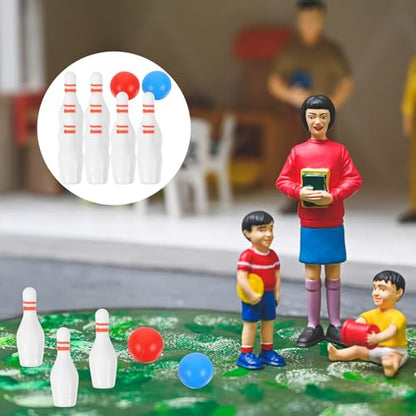 Toyvian Mini Bowling Model Toy Set 20 Mini Pins and 4 Balls Dollhouse Accessories for House Decoration Realistic Scene Display Kids Play Prop