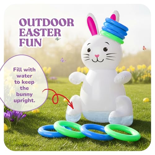 ArtCreativity 30" Easter Bunny Inflatable Ring Toss Game for Kids and Adults, 6 Rings, Weighted Bottom, Family Outdoor Party, White