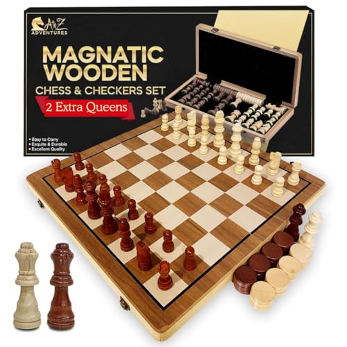 Magnetic Chess Set with Checkers - 15" (2 in 1) Folding Wooden Chess Sets for Adults & Kids with 2 Extra Queens | Travel Chess Board Game Set with Chess Pieces Storage Slots, Luxury Gift with Storage