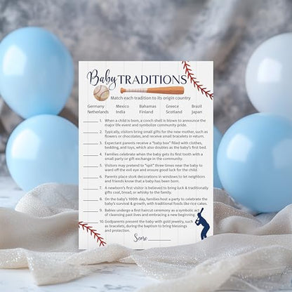 BASEBALL Baby Shower Games — BABY TRADITIONS around the World Game — Pack of 25, Rustic Sports Navy Blue BOY Shower Activity, Sport Fun Facts Baseball Little Slugger Theme Couples Shower G900-BTW