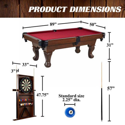 BARRINGTON 90 Inch Ball and Claw Leg Billiard Pool Table with Bonus Cue Rack and Dartboard Set (Red)