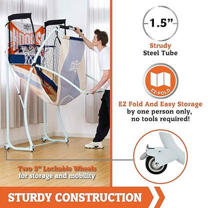 Hall of Games EZ Fold Premium Indoor Arcade Basketball Game with Steel Frame and Polycarbonate Backboard, Dual Shot Electronic Scoring with 6 Size 3 Balls Included, Perfect for Basement Game Rooms - style: EZ-Fold (Classic Dual-Shot)