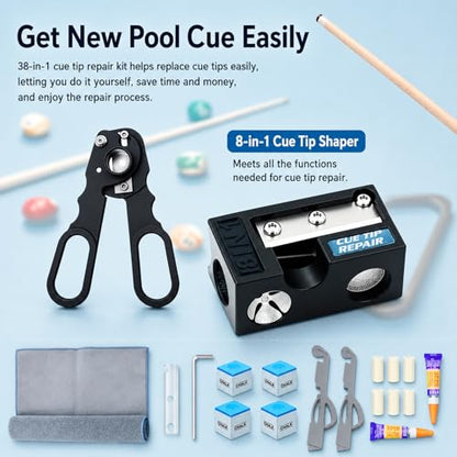 Pool Cue Tips Replacement Kit, 13mm Pool Stick Tips Replacement Kit Billiards Cue Tips Shaper Tools, Pool Cue Replacement Tips Repair Kit Billiard Pool Accessories - style: 8 in 1 shaper tools