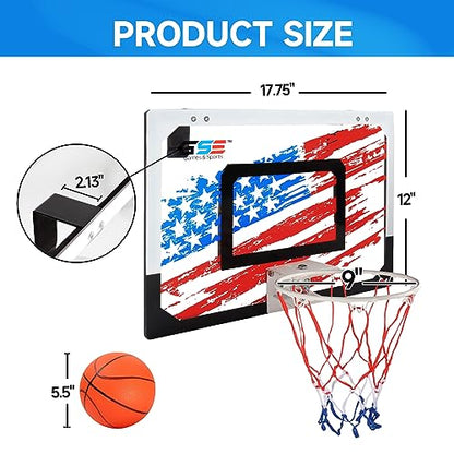 GSE Games & Sports Expert Over-The-Door Basketball Hoop with Basketball & Pump, Wall-Mounted Basketball Hoop Set with Complete Accessories for Home & Office (Several Style Choice) - style: Standard - USA Flag
