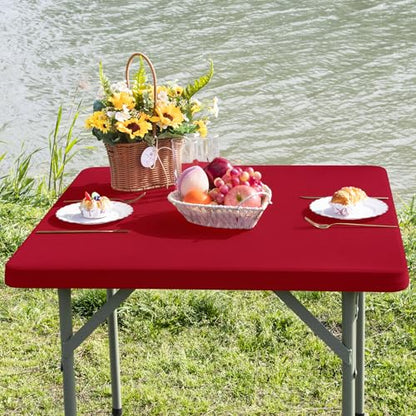Square Fitted Table Cover Elastic Tablecloth Stretch Spandex Table Top Cover Table Topper Cap for Dining Kitchen Home Party Burgundy 34X34 Inch - color: Burgundy, size: 34" x 34" (Square)