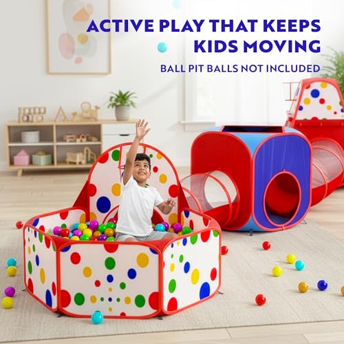 Playz 5-Piece Kids Play Tents Crawl Tunnels and Ball Pit Popup Bounce Playhouse Tent with Basketball Hoop for Indoor and Outdoor Use with Red Carrying Case - color: Red