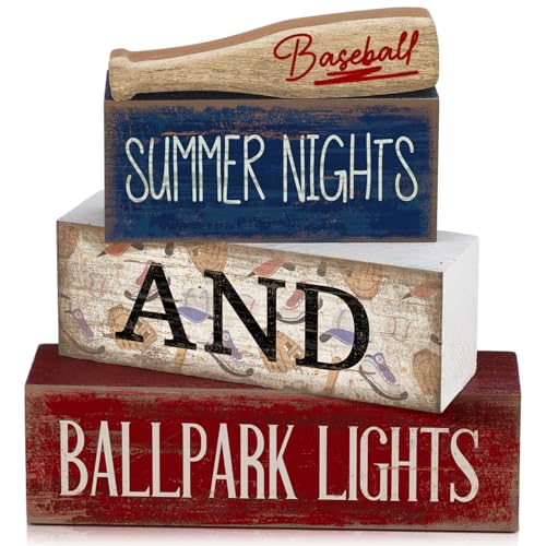 Lineshading 4 Pcs Baseball Decorations Stacked Wooden Blocks Signs with Bat Topper, Summer Nights Ballpark Lights Decor - Baseball Table Decor Ideal Gift for Fans Boys Room Party Coffee Shelf - style: Summer Nights and Ballpark Lights