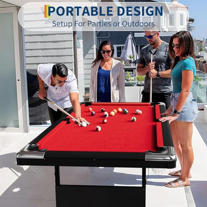 7FT Space-Saving Folding Pool Table for Adults & Kids red Felt, Complete Accessory Set, Easy to Store – Portable Billiards Table for Game Rooms and Arcades