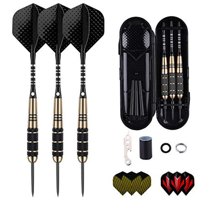 Steel Tip Darts Set for Dartboard, Professional Brass Darts Metal Tip Black Purple Aluminium Nylon Shafts 9 Flights 50 Rubber O-Rings 12 Spring Rings 1 Dart Sharpener Tool 24/27 Grams - color: 24g Black