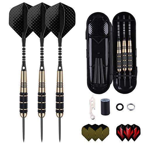 Steel Tip Darts Set for Dartboard, Professional Brass Darts Metal Tip Black Purple Aluminium Nylon Shafts 9 Flights 50 Rubber O-Rings 12 Spring Rings 1 Dart Sharpener Tool 24/27 Grams - color: 24g Black