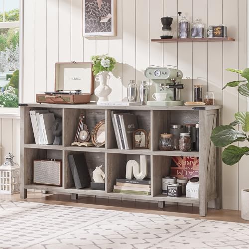 Joaxswe 8 Cube Book Shelf, Farmhouse Wood Long Storage Organizer Bookcase, 62" Horizontal Grey Oak Console Closet Bookshelf, Hallway TV Stand for Entryway, Display Cabinet Book Case for Living Room - color: Grey Oak, size: 8 Cube (13.6"D x 62"W x 29.7"H)