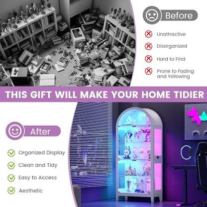 Gurexl 5-Tier Arched Glass Display Cabinet, Motion Sensor RGB LED Showcase with Music Sync Light & Adjustable Shelves, Tempered Glass Curio Cabinet for Action Figures Trophies Collectibles, White - color: White-80008a