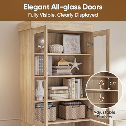 Vyre 71" Tall Farmhouse Bookshelves with Glass Doors and Drawers, Set of 2 – Large Modular Bookcase with Adjustable Shelves, Storage Cabinet for Living Room, Kitchen, Brown - color: Brown