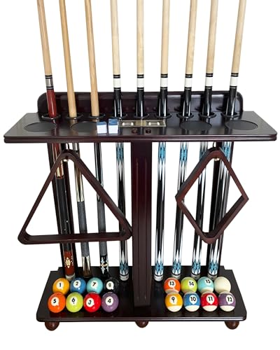 Premium Solid Hardwood Pool Cue Stick Holder Floor Standing - Wooden Billiard Rack forTen Cues and Full Table Accessories, Elegant Durable Storage for Game Room - color: Traditional Mahogany