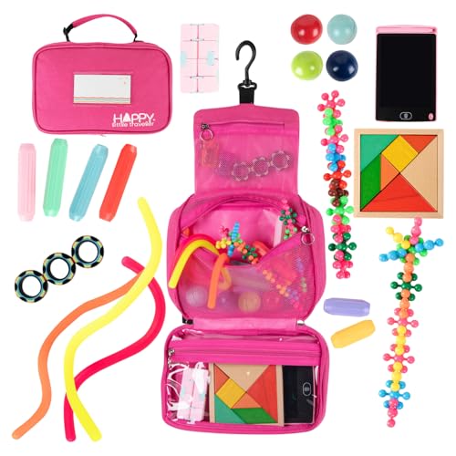 Travel Essentials for Kids – All-in-One Hanging Bag with Kid Toys, Road Trip Activities for Kids, Sensory Toys & Travel Games for Airplane Trips, Car Rides, Gifts for Boys & Girls Ages 4+ (Pink)