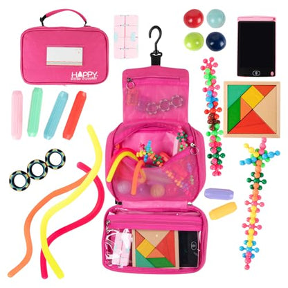 Travel Essentials for Kids – All-in-One Hanging Bag with Kid Toys, Road Trip Activities for Kids, Sensory Toys & Travel Games for Airplane Trips, Car Rides, Gifts for Boys & Girls Ages 4+ (Pink)